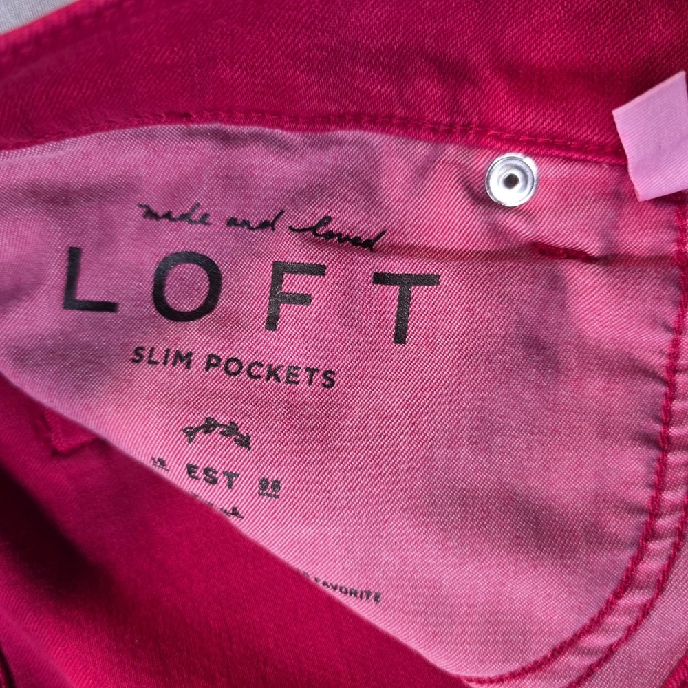 LOFT Red/Pink Skinny Jeans Raw Fringe Hem High Rise Size 14 (32) Slim Denim - Picture 8 of 11